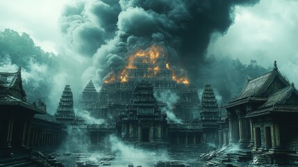 Apocalyptic ancient temple complex consumed by fire and thick smoke