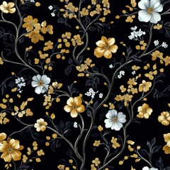 Elegant Floral Pattern with Gold and White Flowers on Black Background