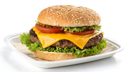 A delicious hot cheese burger with a sesame seed bun, crispy, melted cheddar cheese, fresh lettuce.