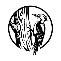 Minimalist Woodpecker on Tree Silhouette in a Circle Frame, Black and White Style