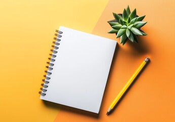 Blank spiral notebook, pencil, and succulent on a vibrant yellow and orange background