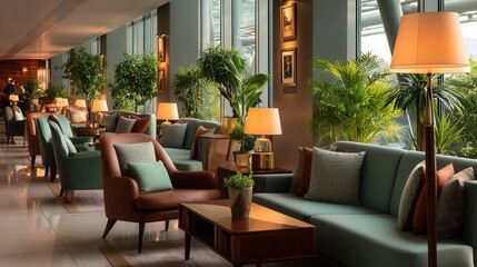 Elegant relaxing hotel lounge with lush greenery indoors