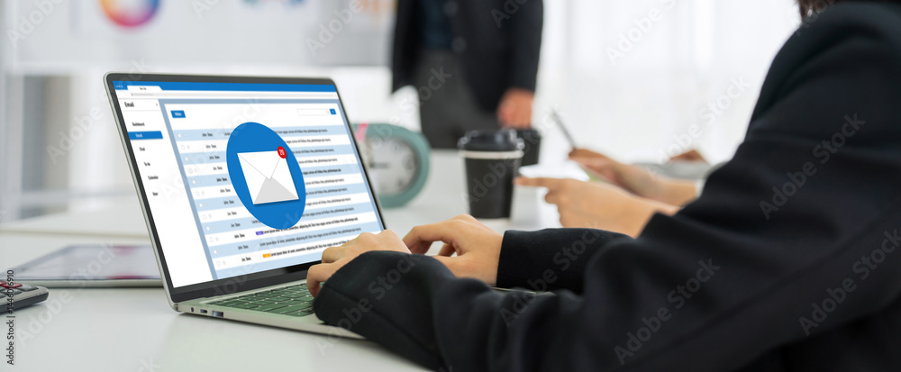 Poster email notification message showing on computer screen snugly. digital marketing message information 