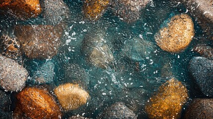 Close-up view of textured rocks submerged in turquoise water.