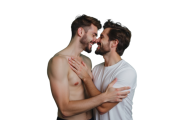 Two men sharing an intimate moment of joy and connection with playful smiles and warm embraces in a bright and cheerful atmosphere