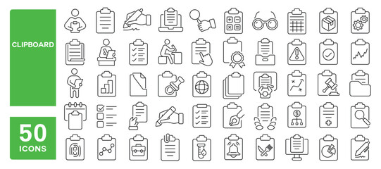 Set of 50 line icons related to clipboard, checklist, task, paper, register, document, file, report, petition, contract, Editable stroke. Vector illustration