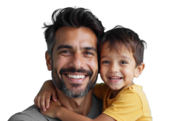 Father and son sharing joyful moment with smiles, soft lighting, and warm colors, capturing love and connection in a candid embrace