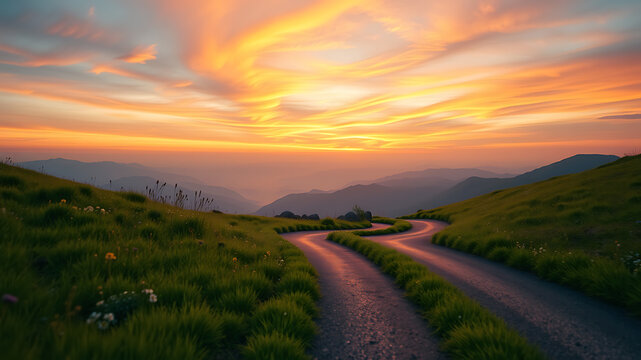 Serene Sunset Landscape Winding Road Through Rolling Hills
