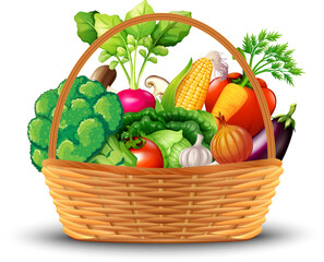 Colorful wicker basket filled with fresh vegetables tomatoes, carrots, and leafy greens. Perfect for farm, organic food, market, and healthy lifestyle designs.
