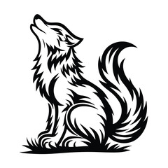 Decorative Black Wolf Howling Upward, Seated Isolated on White, Tribal Style
