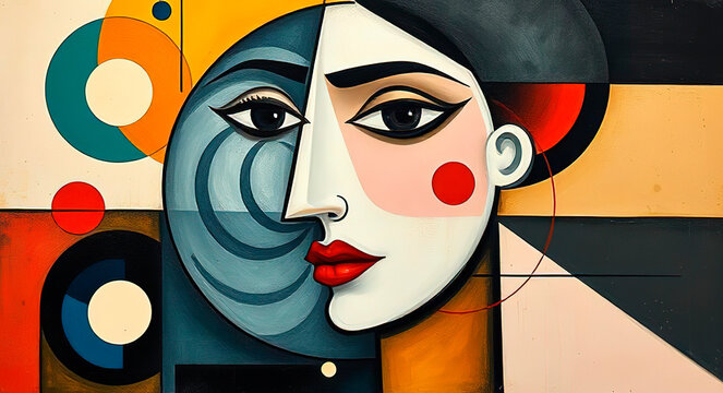 Colorful, one-sided cubist abstract painting with geometric elements