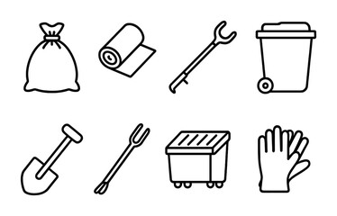 Urban recycling and waste management icon set – outline style eco-friendly, sustainability, and cleanup symbols: trash bag, recycling bin, litter picker, gloves, shovel, garbage can, dumpster.