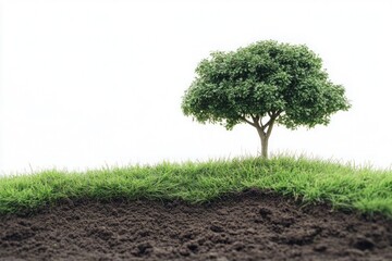 Green tree sits atop fertile soil surrounded by lush grass isolate on white background