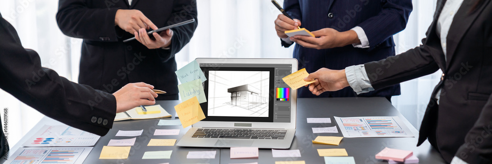 Poster analyst team use sticky note for creative and analytic brainstorm for business idea with bi data das