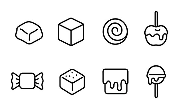 Sweet treats icon set &ndash; outline style candy, dessert, and confectionery symbols: chocolate, candy apple, lollipop, cube, wrapped candy, nougat, swirl candy