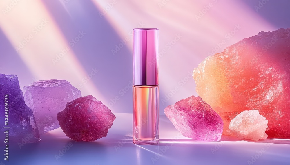 Poster colorful light reflections create a serene atmosphere with quartz crystals and a glass vase in an ar