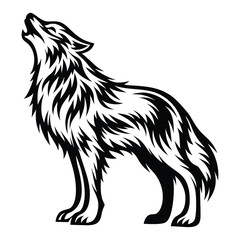 Black and White Howling Wolf Illustration, Side Profile with Decorative Fur Design