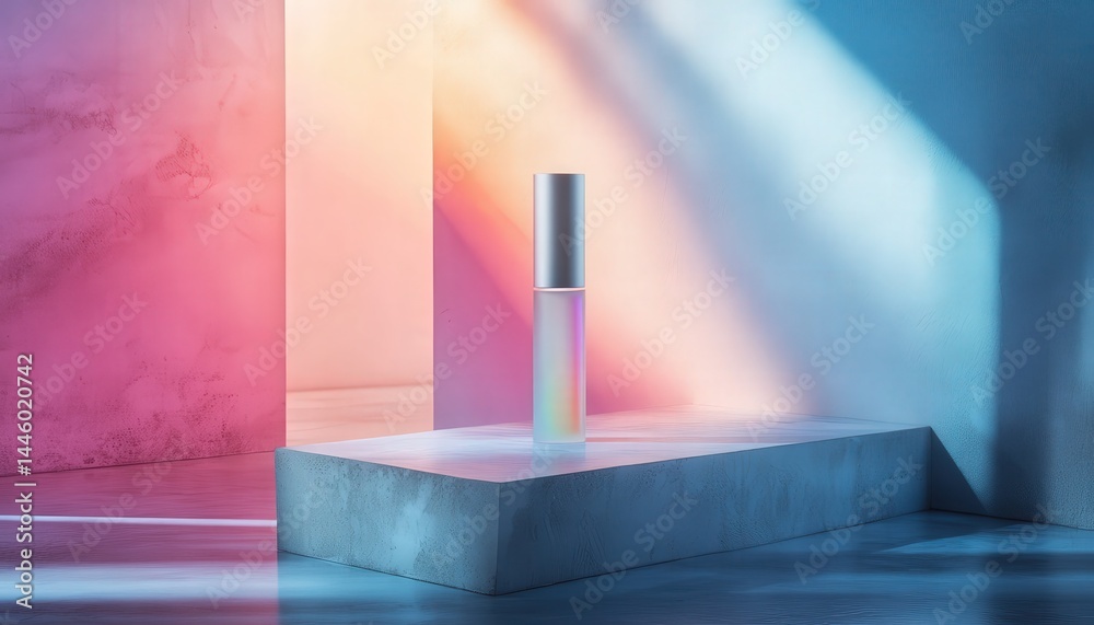 Poster Colorful light reflections create a serene atmosphere with quartz crystals and a glass vase in an artistic abstract setting