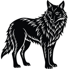 Silhouette of Majestic Wolf, Standing Proudly, Black and White Design, Isolated Animal