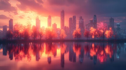 Fototapeta premium Skyscrapers reflecting in serene water during a vibrant sunset over a wooded shoreline, creating a tranquil cityscape scene on a transparent background, PNG image, PNG file.