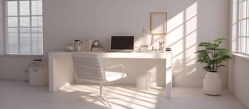 A minimalist home office with a large white desk, a comfortable chair, and only a few essentials like a laptop and books. The room is bright, with sunlight streaming in from a side window.