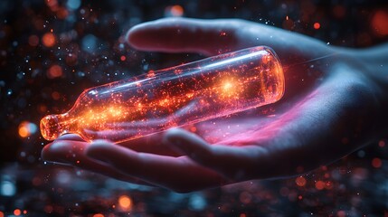 Person holding a glass bottle filled with glowing particles, showcasing a futuristic vibe, and soft illumination on a transparent background, PNG image, PNG file.