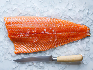 Fresh Salmon Fillet on Ice with Knife