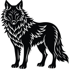 Stylized Black Wolf Silhouette, Fierce Eyes, Standing Pose, Isolated on White Background