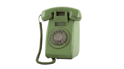 Retro 1960's style avocado green rotary phone that can be wall mounted, isolated on white or transparent background