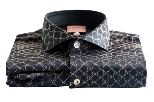 Elegant black shirt with rose gold geometric print meticulously folded showcasing luxurious texture