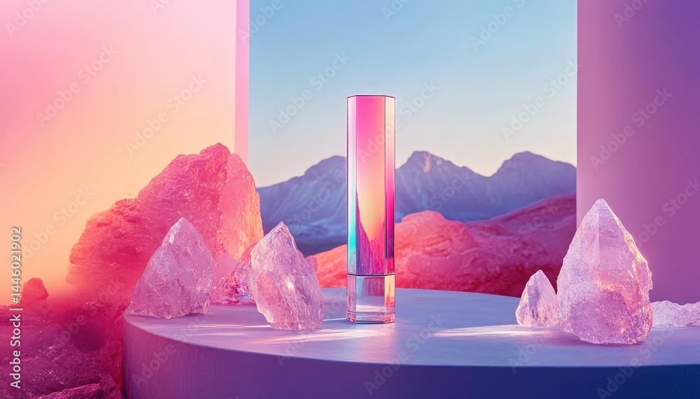 Poster Colorful light reflections create a serene atmosphere with quartz crystals and a glass vase in an artistic abstract setting