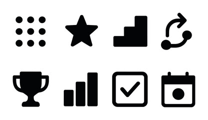 Business management solid icons set – flat style productivity, organization, and workflow symbols for effective planning: tasks, goals, progress, process, trophy, analytics, calendar.
