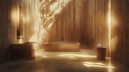 A serene, minimalist bathroom featuring natural light and wood.