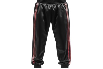 Sleek black satin joggers with red side stripes stylish comfortable modern athletic wear