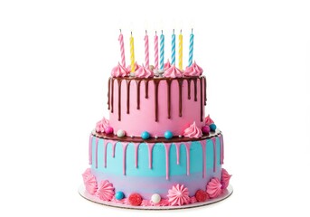 Two tier birthday cake with candles and pink and blue frosting on white background