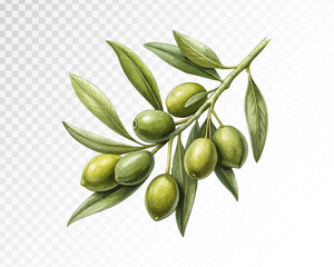 Olives on a branch. Watercolour style. Isolated background. Vector.