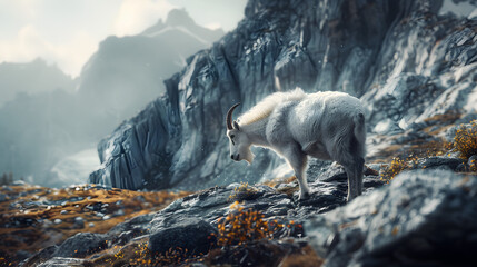 A mountain goat standing on a rocky slope with mountains in the background on a cloudy day scene