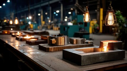 Atmospheric industrial metalworking factory at night