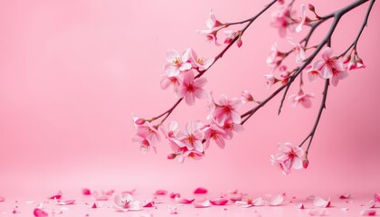 Fototapeta premium Soft pink backdrop adorned with delicate pink cherry blossoms and scattered petals, feminine, texture