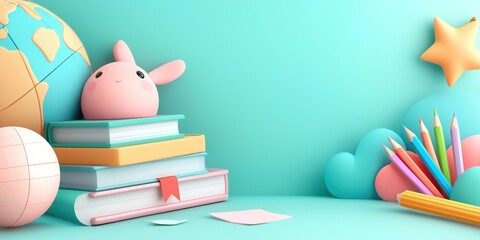 Cute Bunny on Stack of Books with School Supplies