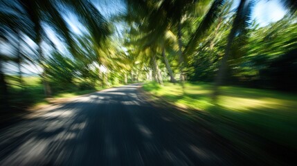 Motion blur road through tropical trees