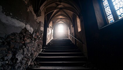 En un edificio abandonado, inquietante y tenuemente iluminado, una luz parpadeante proyecta sombras sobre los muros desmoronados mientras el polvo se asienta en el aire. 