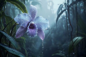 Dew-kissed orchid in a misty jungle setting.