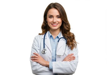 Fototapeta premium Smiling female doctor with arms crossed wearing a stethoscope and lab coat on white