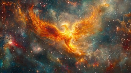 Fototapeta premium A fiery celestial bird soaring through a vibrant cosmic nebula.