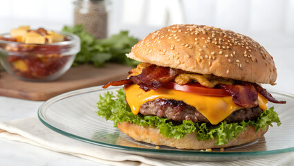 A delicious hot cheese burger with a sesame seed bun, crispy, melted cheddar cheese, fresh lettuce.