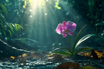 Pink orchid in a sunlit jungle forest floor.