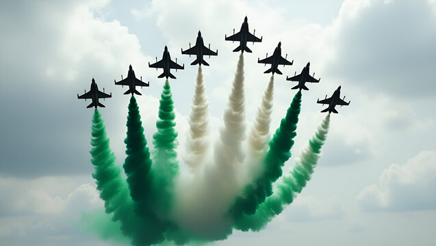 Fighter jets perform an aerial display, leaving bold green and white smoke trails in the sky, symbolizing the Pakistan flag. The jets fly in a tight formation against a soft sky backdrop.