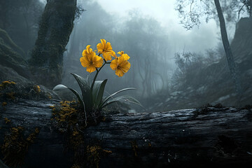 Misty forest scene featuring vibrant yellow blossoms on a fallen log.