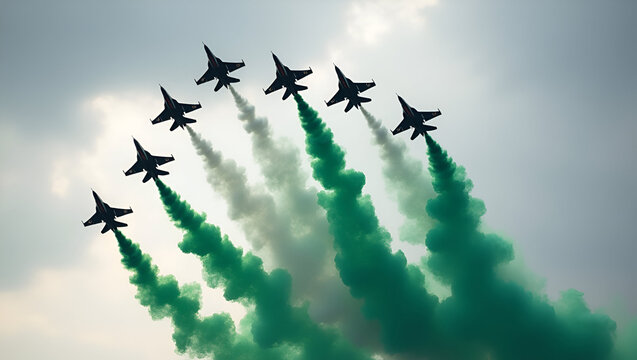 Fighter jets perform an aerial display, leaving bold green and white smoke trails in the sky, symbolizing the Pakistan flag. The jets fly in a tight formation against a soft sky backdrop.